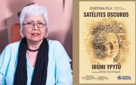 Susy Delgado y la portada de su obra, traducci�n al guaran� del poemario "Sat�lites oscuros", de Josefina Pl�. Editorial Rosalba.