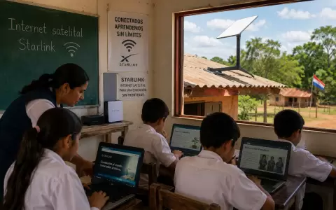 Alumnos paraguayos usando Starlink