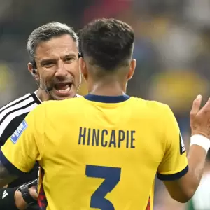 Piero Hincapi� protestando al �rbitro en el partido ante M�xico.
