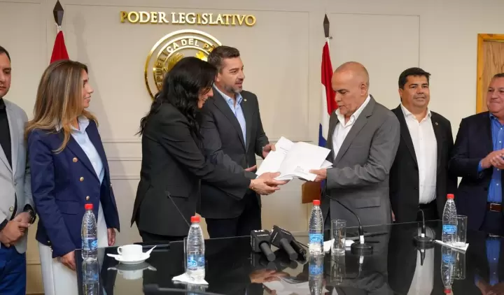 Claudia Centuri�n, Pedro Alliana y Basilio Bachi N��ez en conferencia de prensa en el Congreso.
