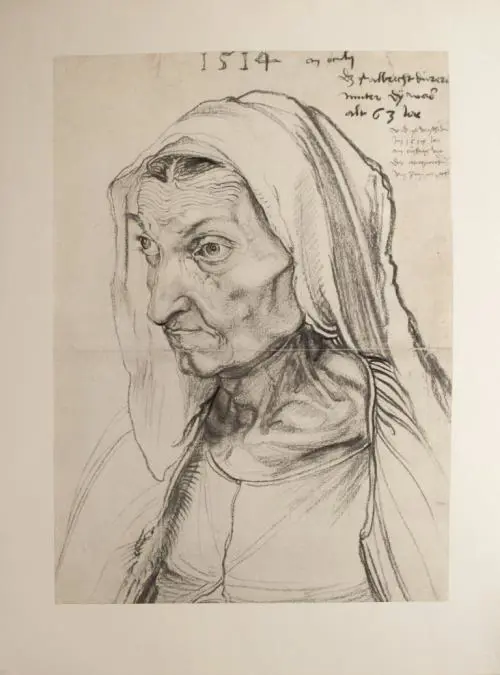 Alberto Durero, La madre. Reproducci�n facs�mil sobre papel por Bundesdruckerei Berlin (originalmente un dibujo a carbonilla de 1514). Con certificaci�n de la tienda de la Albrecht-D�rer-Haus (Casa-Museo de Alberto Durero), Nuremberg, Alemania.