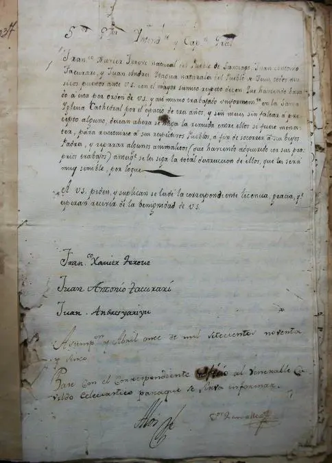 Petici�n presentada en 1795 por Francisco Javier Tereve, Juan Antonio Tacurari y Juan Andres Itagua, m�sicos de la Catedral, para volver a sus pueblos (ANA, Nueva Encuadernaci�n, vol. 3379, f. 33-34).