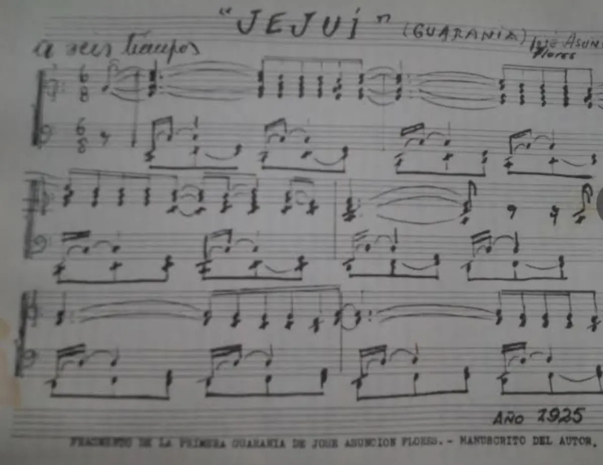 Ejemplo nº 1: Partitura que muestra los seis primeros compases de la guarania