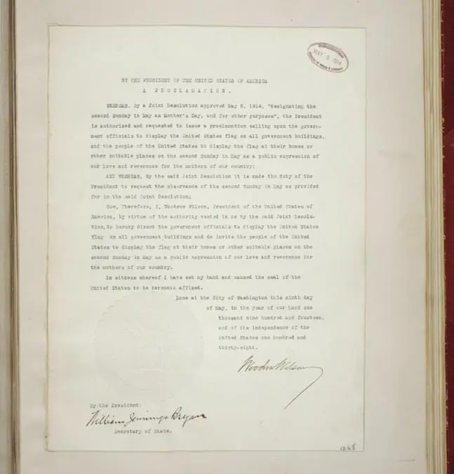Resolución del presidente Woodrow Wilson que establece el emDía de la madre/em en Estados Unidos, 1914.