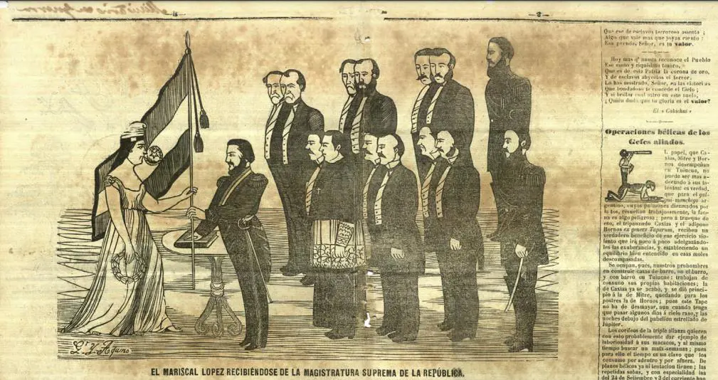 Representación femenina de la patria en el Paraguay: juramento presidencial de López ante la Patria. emCabichu'i/em, Nº 47, 16 de octubre de 1867. Colección Biblioteca Nacional digital