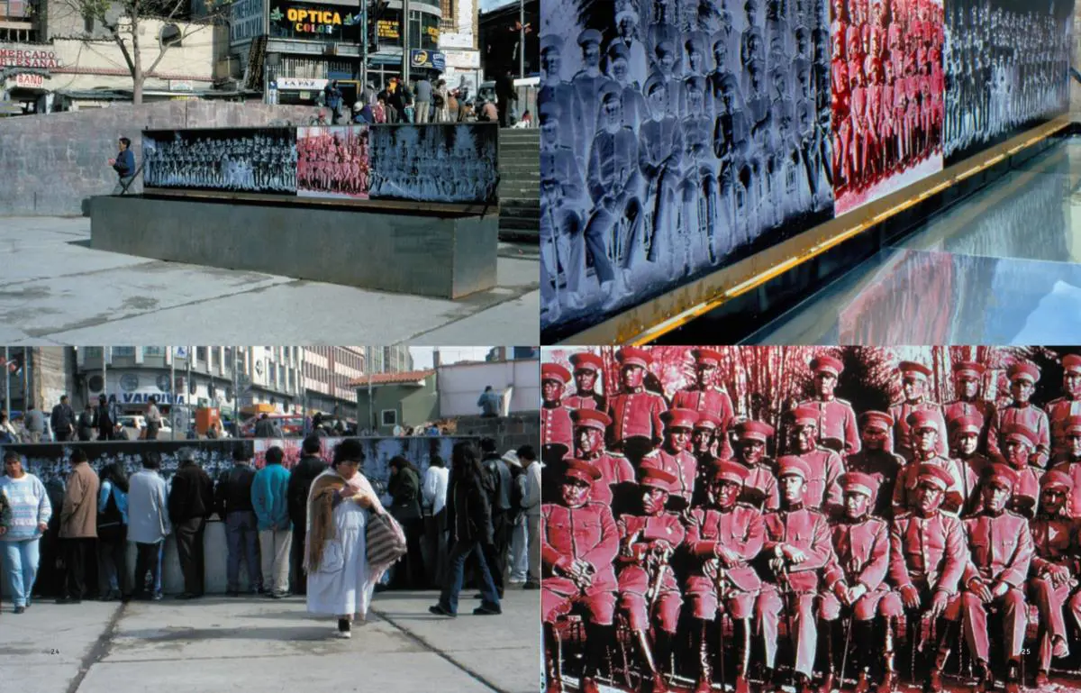 emBatallón 60/em, 2002. Intervención urbana. Caja de metal, espejos, agua, fotografía impresa. Plaza de los Héroes, La Paz, Bolivia © Leonardo Mamani
