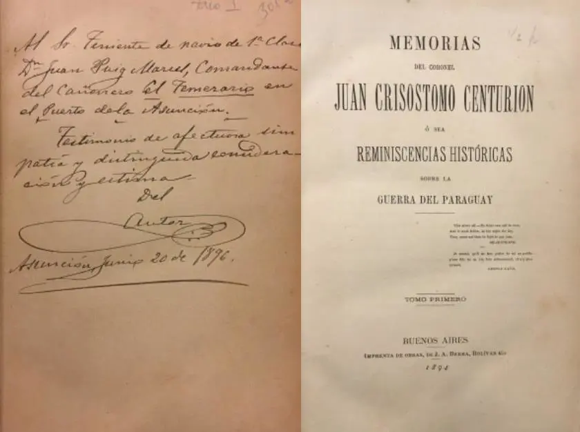 Juan Crisóstomo Centurión, emMemorias/em (1894). Dedicatoria a un amigo. Cortesía