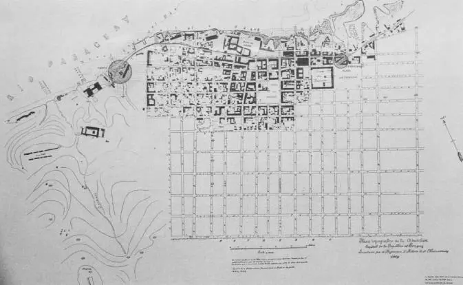 Asunci�n en 1869. Plano topogr�fico de Robert Chodasiewicz. Fuente: emAsunci�n en planos/em (Dur�n, 2018)