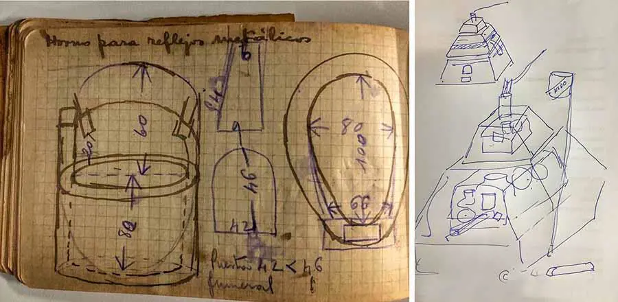 Andr�s Campos Cervera, croquis de horno para reflejos met�licos, ca. 1924. Colecci�n Hrisuk (izquierda). Dibujo de Ariel Pl�, 2019 (derecha). Cortes�a