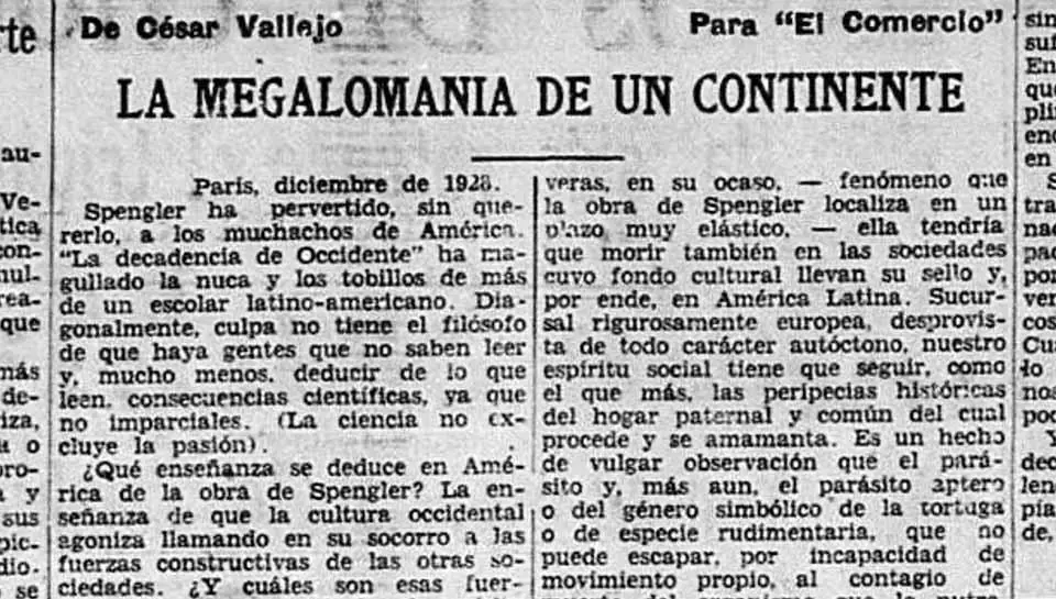 Art�culo de Ces�r Vallejo desde Par�s, emEl Comercio/em, 1928. Cortes�a