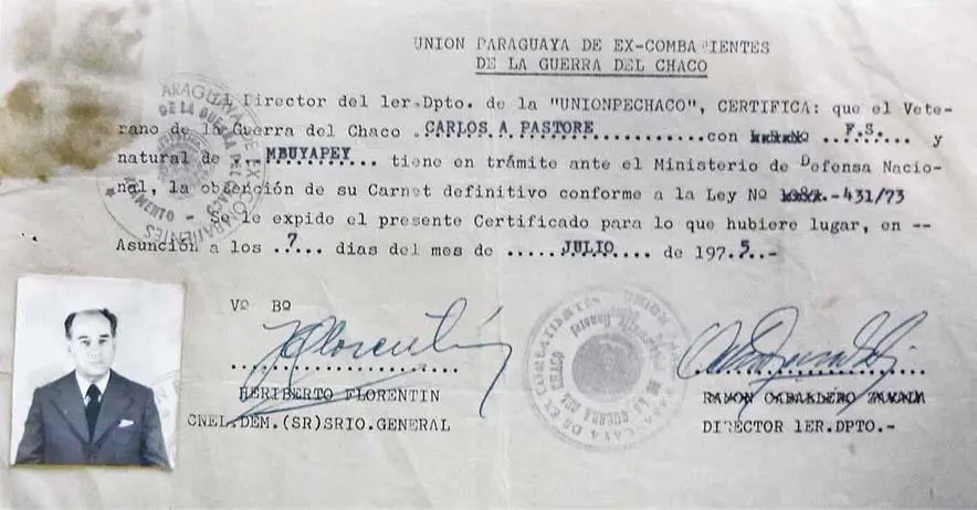 APH, &ldquo;Colecci�n Bibliogr�fica y Documental Carlos Pastore&rdquo;, Caja N� 33, certificado de ex-combatiente de la Guerra del Chaco