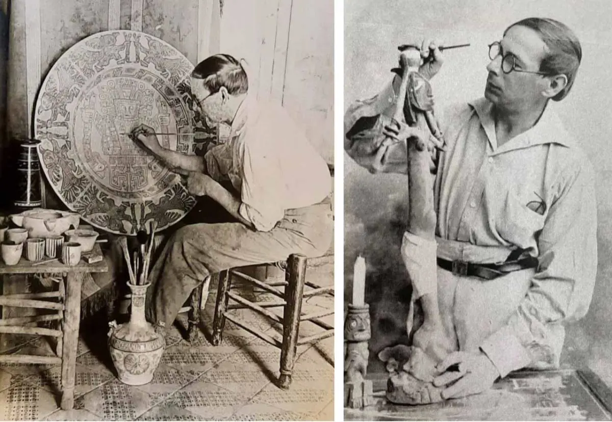 Manises, Valencia. Juli�n de la Herrer�a pintando el gran brasero de emViracocha/em (1923) y trabajando en emOcara Poty/em, pie de l�mpara (1930). Cortes�a Miguel �ngel Fern�ndez
