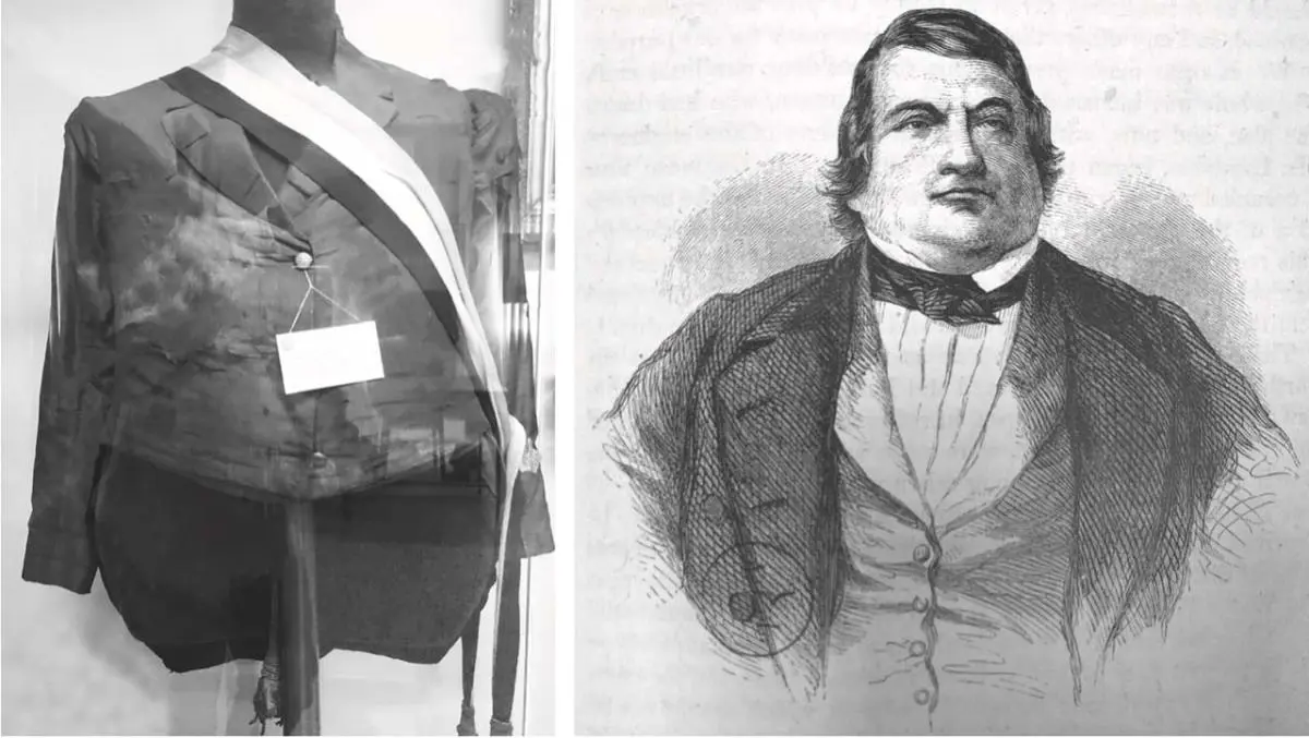 Traje del presidente Carlos Antonio López, Museo de Historia Militar, Ministerio de Defensa Nacional y retrato del mandatario en un grabado incluido en el libro de Thomas Page, emLa Plata, the Argentine Confederation, and Paraguay... with maps and numerous engravings, /emLondres, 1859, p. 117. Tomado de la edición original. Cortesía Tiempo de Historia