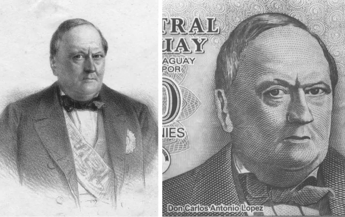 Retrato de Carlos Antonio López. Alfred Du Graty, emLa República del Paraguay/em, París, 1862. Tomado de la edición original. Cortesía Milda Rivarola. Efigie del presidente López en el billete de 5.000 guaraníes. Cortesía Tiempo de Historia