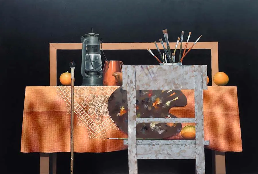 Hern�n Miranda. emLa mesa del artista/em. �leo sobre tela estampada, 2019. 96.5 x 145 cm. Cortes�a del artista