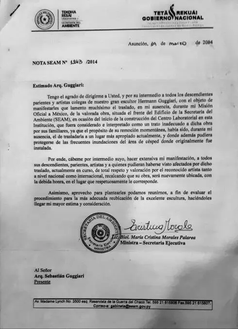 Nota de disculpas de la ministra de la SEAM, Mar�a Cristina Morales Palarea. Cortes�a