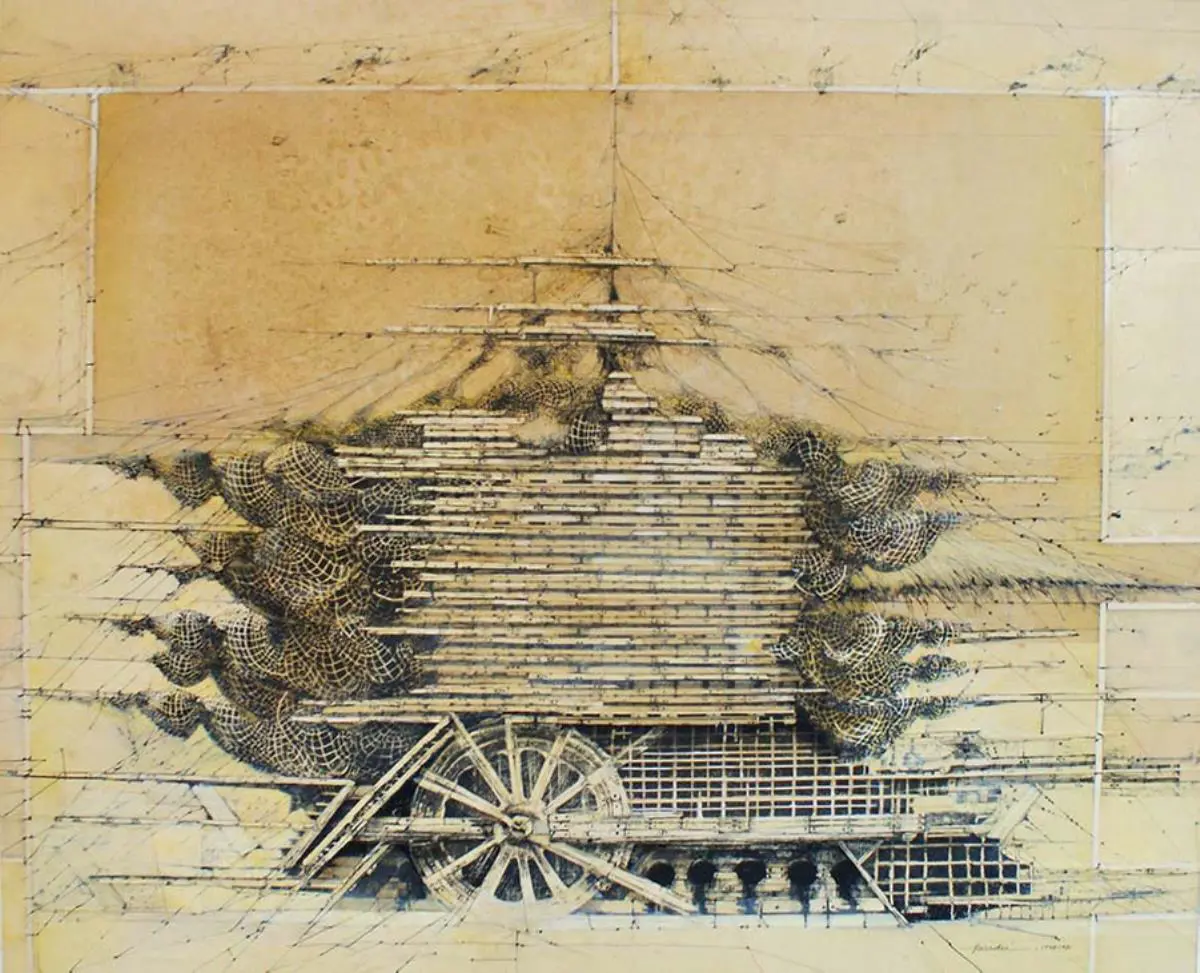 Jenaro Pind�, emLa nave azul/em, ca. 1983. Collage, t�cnica mixta. Colecci�n F�lix Toranzos. Cortes�a