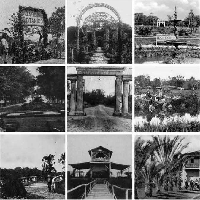 Diversos escenarios del Jardín Botánico hacia 1920, hoy desaparecidos o en ruinas. Fuente: Archivo de la Cátedra Historia de la Arquitectura del Paisaje en Paraguay (FADA-UNA)