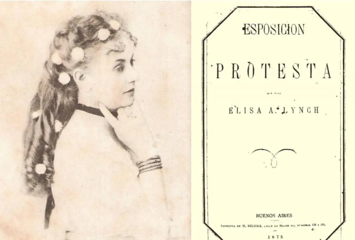 Elisa Lynch y la portada deem Protesta,/em publicación que recoge su reclamo de bienes, 1875. Archivo
