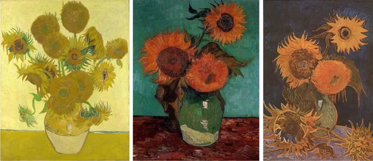 Vincent van Gogh. Tres obras de la serie emJarrón cos girasoles/em, pintada por el artista en Arles, en 1888. La última fue destruida por el fuego durante la Segunda Guerra Mundial.
