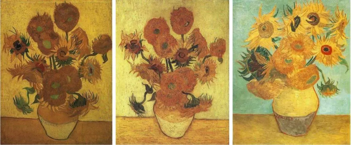 Vincent van Gogh. Tres obras de la serie emJarrón con girasoles/em, pintada por el artista en Arles, en1889.
