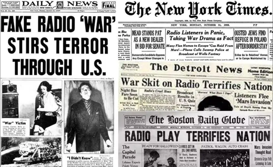Portadas de algunos diarios sobre las repercusiones de la transmisi�n radiof�nica de 1938. Archivo