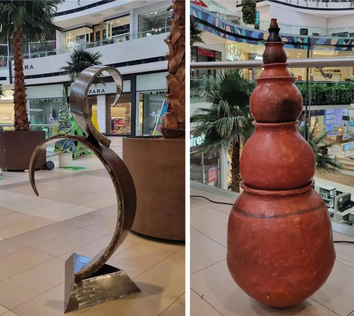 Juan Pablo Pistilli,em Pind�, palmera de la flor de coco,/em 2022. Chapa de hierro y acero inoxidable espejado. 125 x 50 x 50 cm (izquierda). Marcos Ben�tez,em Yryru o el contorno del agua/em, 2022. Cer�mica. Dimensiones variables (derecha). Cortes�a