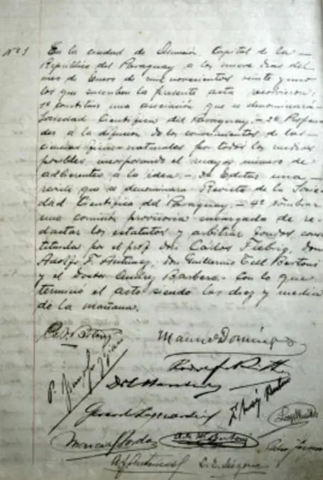 Acta fundacional de la Sociedad Cient�fica del Paraguay, 9 de enero de 1921. Cortes�a