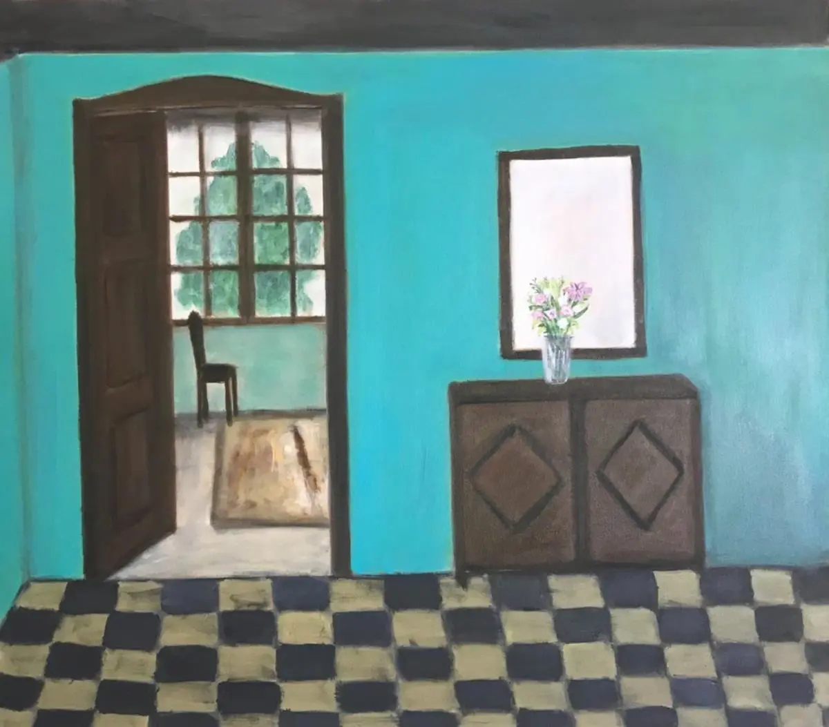 Lilian Camelli, emLas flores en el espejo/em, 2018. �leo sobre lienzo, 70 � 80 cm. Cortes�a