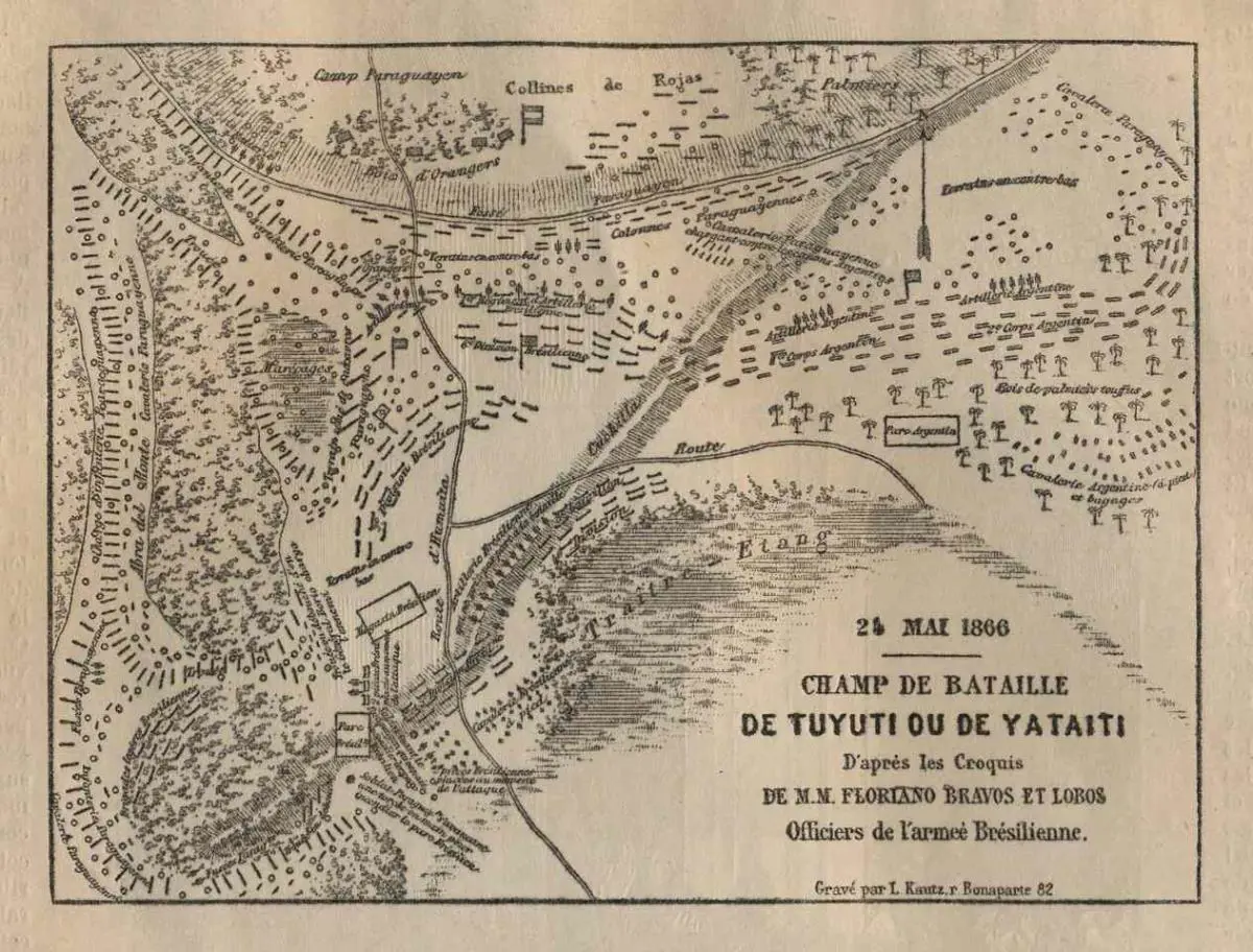 emL'Illustration,/em 1.� de septiembre de 1866. &ldquo;Campo de batalla de Tuyut� o de Yatayt�, seg�n los croquis de los se�ores Floriano Bravos y Lobos, oficiales del ej�rcito brasile�o&rdquo;. Acervo Milda Rivarola. Cortes�a