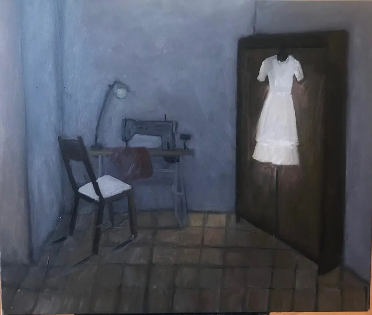 Lilian Camelli, emLa oficina de costura/em, 2020. Acr�lico sobre lienzo, 50 � 60 cm. Cortes�a