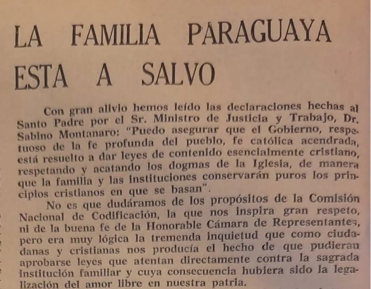 La propuesta de reforma del Código Civil de la Comisión Nacional de Codificación, presidida por el jurista Luis de Gásperi a mediados de la década de 1960 desató un intenso debate con la intelectualidad y el clero católicos. Fue finalmente rechazada por la dictadura. emComunidad/em, segunda semana de febrero de 1965, No. 375.