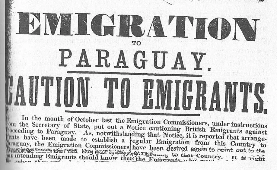 Afiche distribuido en Londres en 1873 que advert�a a los emigrantes de la situaci�n del Paraguay de posguerra (FB Asociaci�n Cultural Manduara)