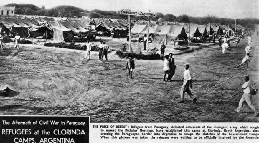 Campo de refugiados paraguayos en Clorinda (Argentina) durante la guerra civil de 1947. Familias enteras se vieron obligadas a refugiarse en el vecino pa�s como consecuencia del enfrentamiento. emThe Sphere/em, Londres, 11 de octubre de 1947 (fragmento). Cortes�a Claudio Fuentes Armadans.