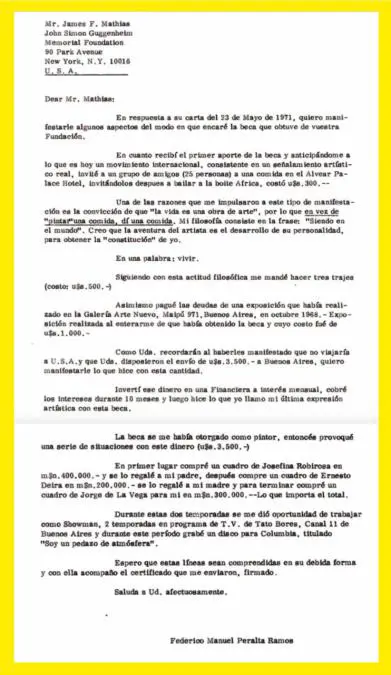Carta de Federico Peralta Ramos a la Fundaci�n Guggenheim. Archivo