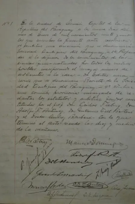 Acta fundacional de la Sociedad Cient�fica del Paraguay, 1921. Cortes�a SCP