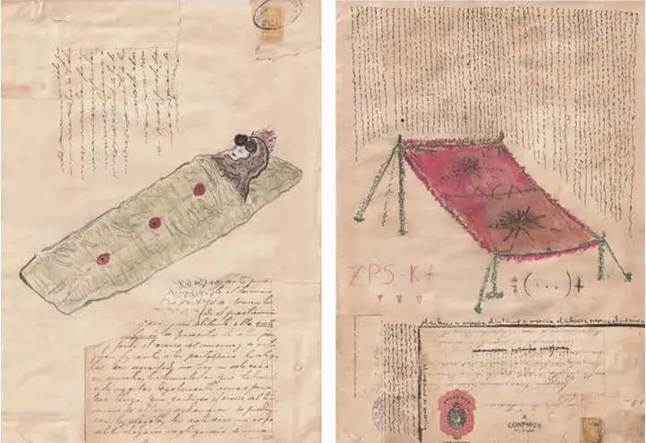 Fredi Casco, de la serie emAret� Gua'u,/em 2021. Collages sobre documentos oficiales, tinta y l�piz de color sobre papel. Cortes�a