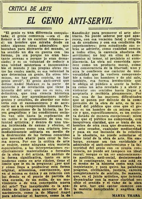 Marta Traba, una de sus tantas columnas periodísticas, 1956. Cortesía