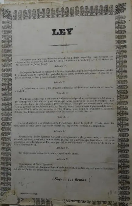 Modificaci�n de la Ley que establece la Administraci�n Pol�tica de la Rep�blica del Paraguay. Reforma del 4 de noviembre de 1856. Archivo Nacional de Asunci�n. Cortes�a