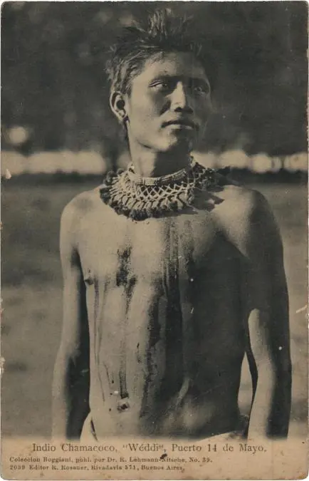 Indio chamacoco, Puerto 14 de Mayo. Conocida fotograf�a de Guido Boggiani, publicada como postal por Roberto Lehmann-Nitsche en Buenos Aires en 1904.
