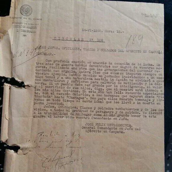 Circular con la que el general Estigarribia anunciaba el fin de la lucha en el Chaco, 1935. Archivo