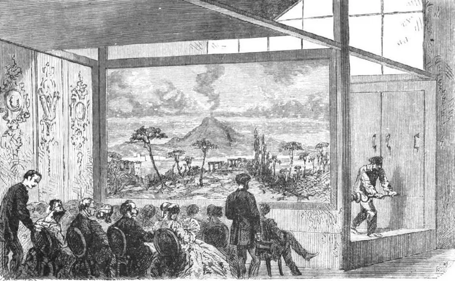 Louis Jacques Mand� Daguerre y Bouton, en Gaston Tissandier, emLes merveilles de la photographie,/em Par�s, 1874. Diorama con el golfo de N�poles y el Monte Vesubio, Cortes�a