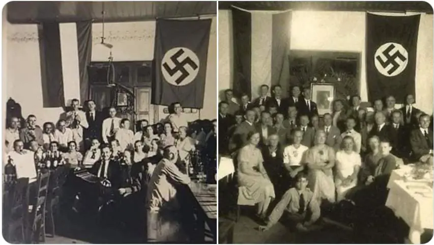 Reuniones sociales en entidades alemanas, im�genes publicadas por Fabi�n Chamorro en X. A la derecha, seg�n publica Asociaci�n Cultural Manduara en FB: Festejo del cumplea�os del emF�hrer/em en la Escuela Alemana de Encarnaci�n, 20 de abril de 1938. Archivo de Andr�s Morel (Encarnaci�n).