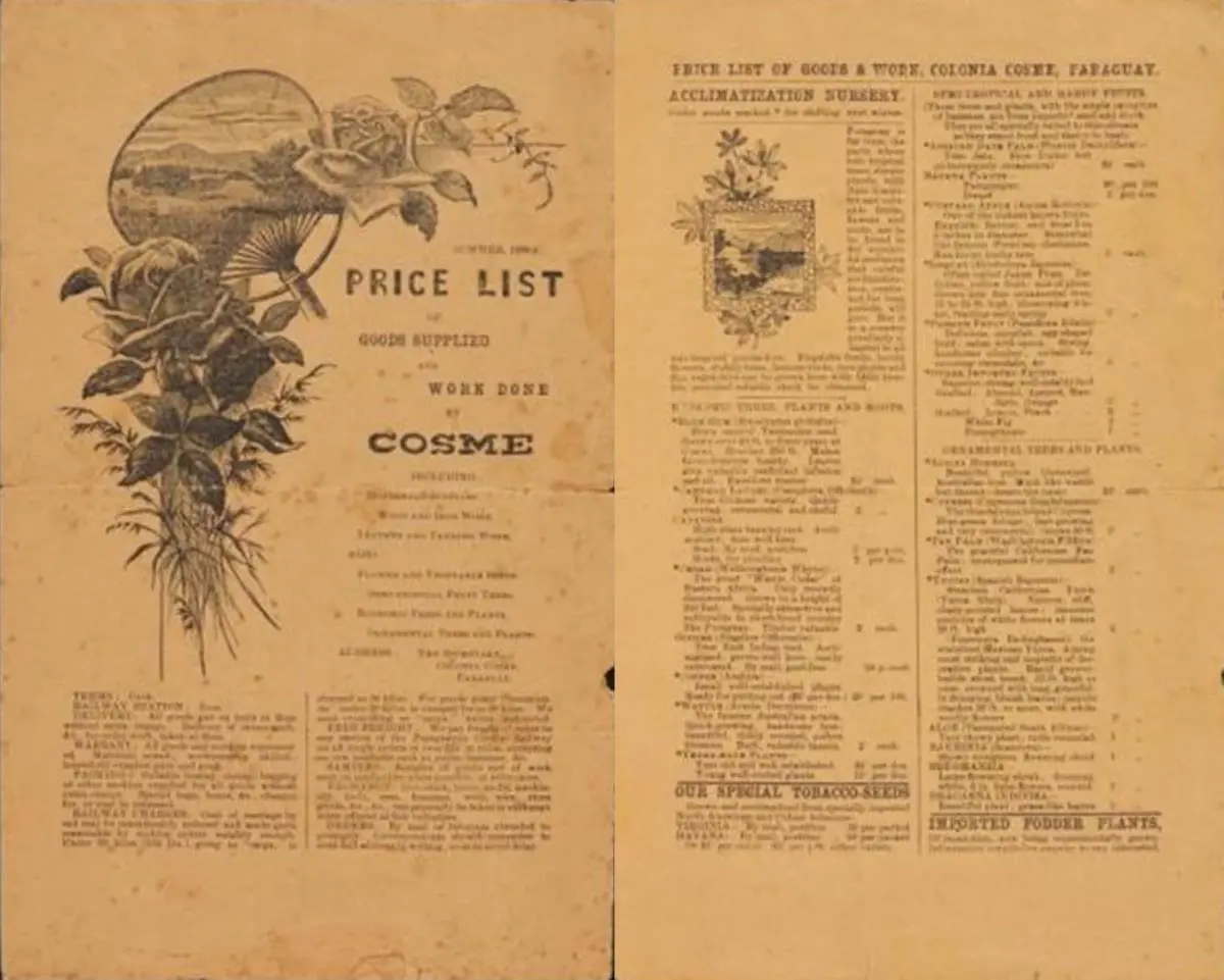 Catálogo comercial de la Colonia Cosme, 1898. Universidad de Melbourne