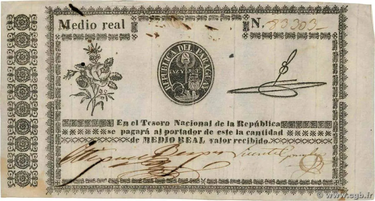 Billete de medio real paraguayo (detalle), 1856. Cortes�a