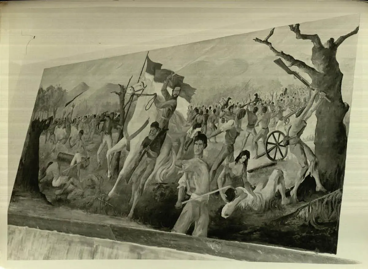 Tomado al sesgo, el mural de la emBatalla de Cerro Cora/em, de Carlos Beltr�n Camacho. Archivo Rol�n-Dom�nguez