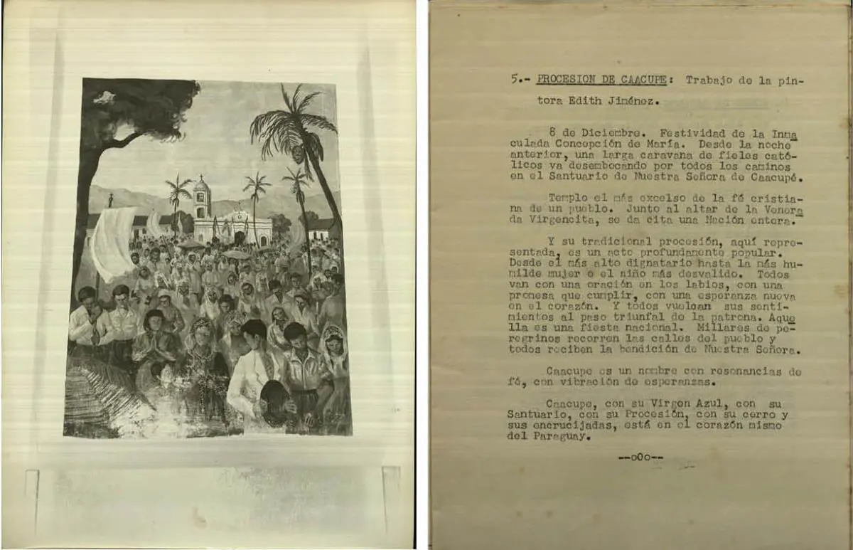 Fotograf�a de emProcesi�n de Caacup�/em, mural de Edith Jim�nez, y documento descriptivo. Archivo Rol�n-Dom�nguez