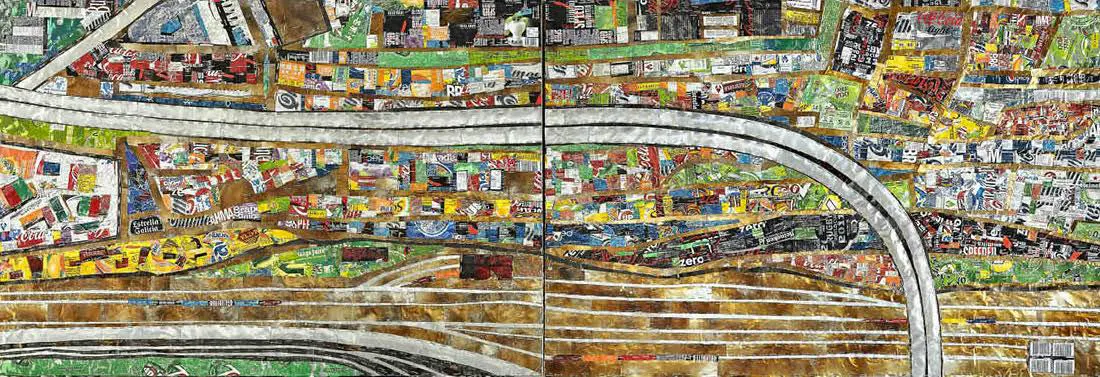 Horacio S�nchez Fantino, emMapa de latas. Villa 31/em, 2012, ensamblaje de latas sobre madera, 70 x 200 cm. Cortes�a