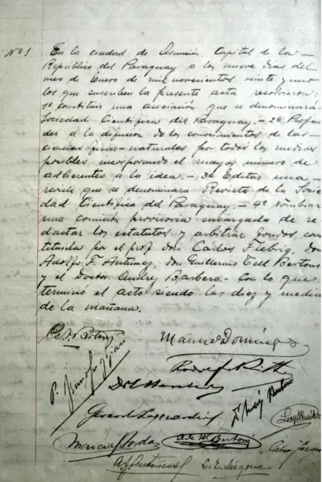 Acta fundacional de la Sociedad Científica del Paraguay, 9 de enero de 1921. Cortesía
