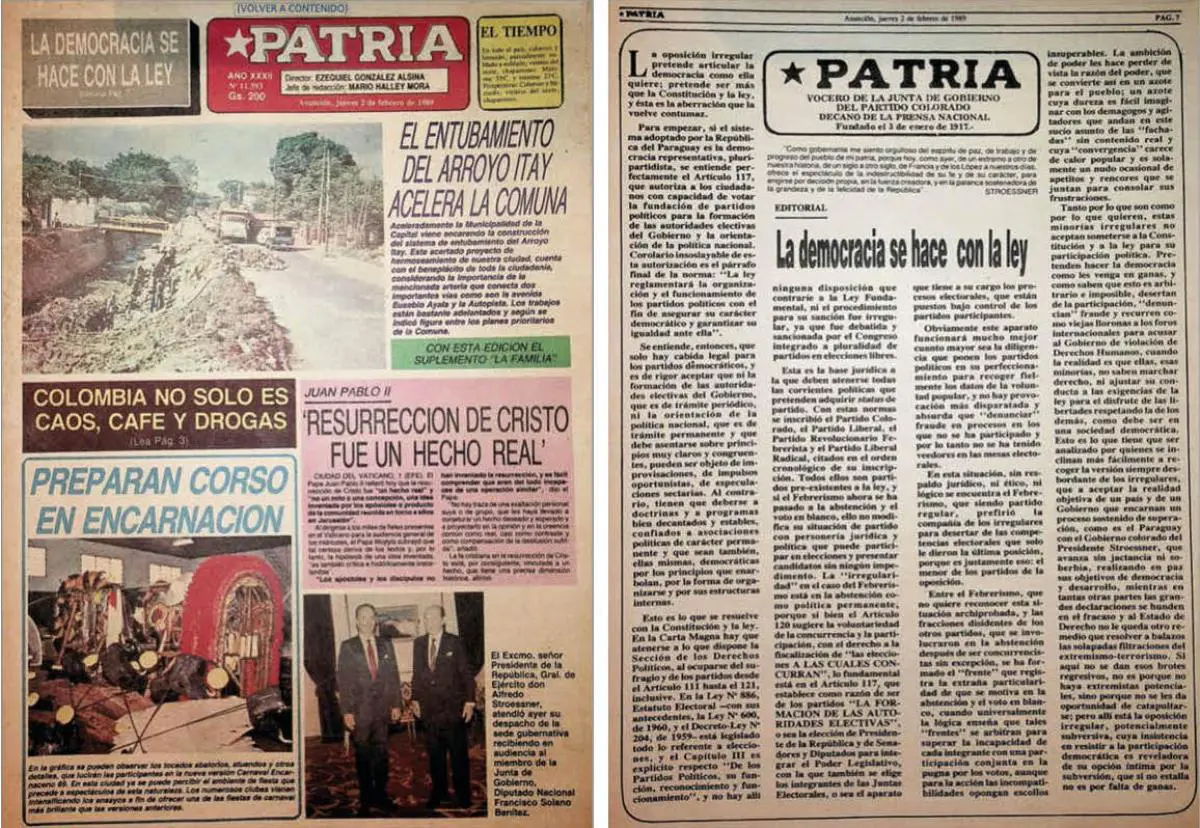 Portada y editorial del diario emPatria/em, 2 de febrero de 1989. 